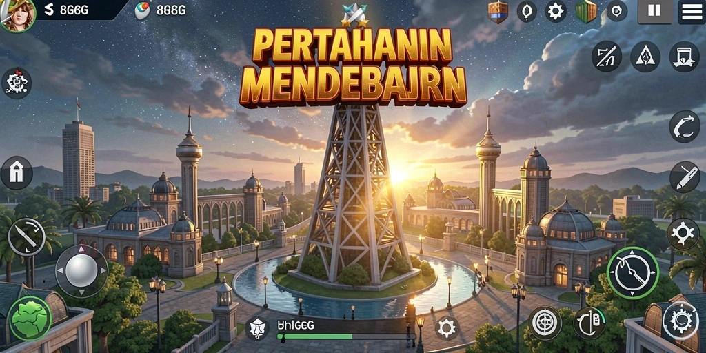 Screenshot gameplay 8G8G menampilkan pertahanan menara yang strategis.
