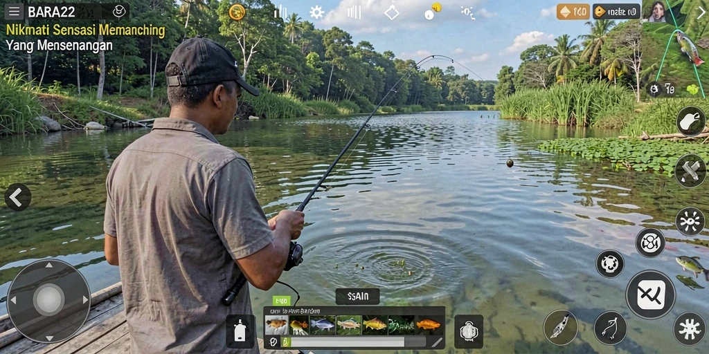Screenshot gameplay BARA22 menampilkan aksi memancing yang seru.