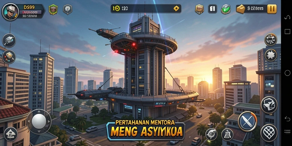 Screenshot gameplay DS99 menampilkan aksi menara pertahanan yang mendebarkan.
