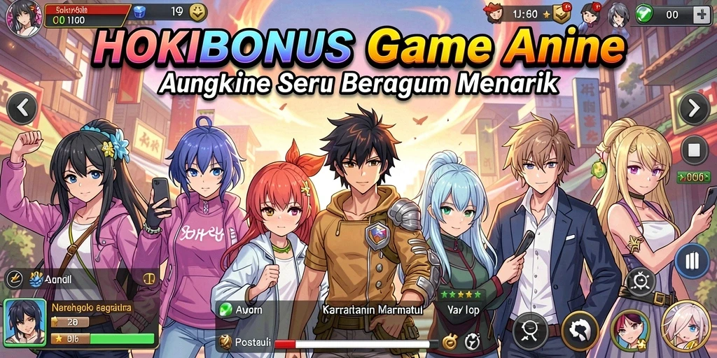 Tampilan gameplay HOKIBONUS yang penuh warna dan karakter anime menarik.