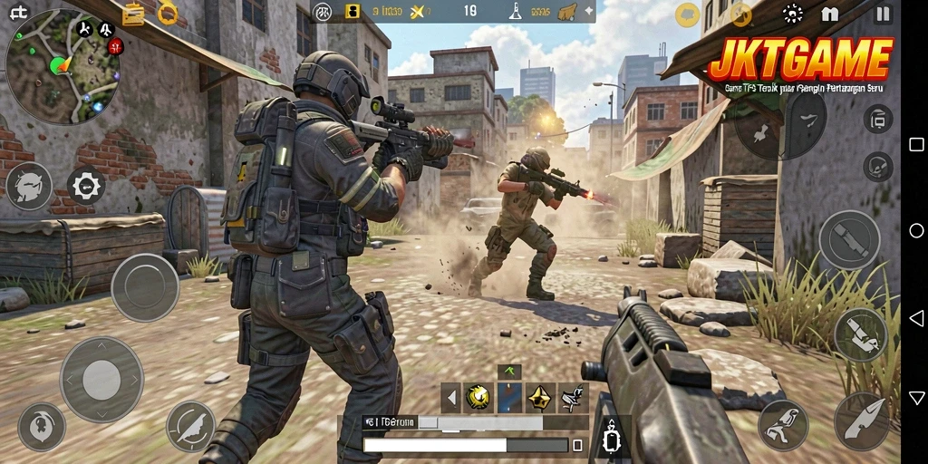 Screenshot utama JKTGAME menampilkan aksi seru dalam pertempuran TPS.