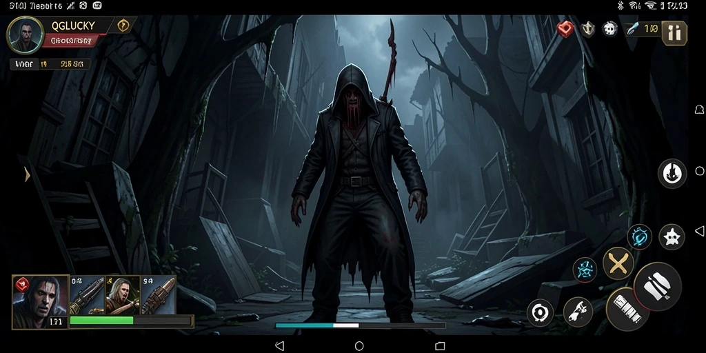 Tangkapan layar QGLUCKY menampilkan suasana horor yang menyeramkan dan gameplay yang mendebarkan.