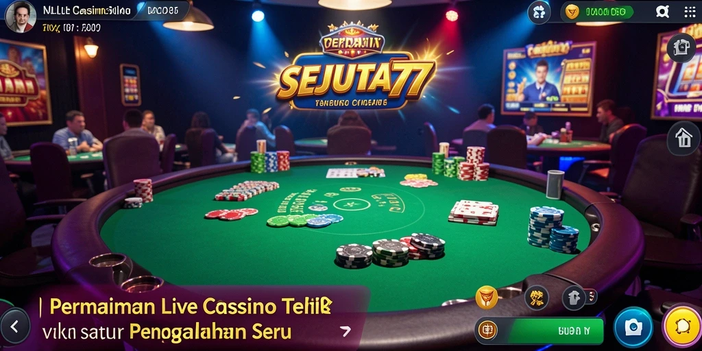 Screenshot gameplay SEJUTA77 menampilkan dealer langsung dan suasana kasino yang menegangkan.