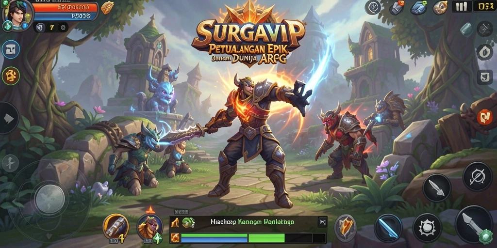 Screenshot gameplay SURGAVIP menampilkan pertarungan epik di dunia fantasi.