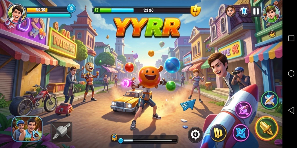 Screenshot gameplay YYRR menampilkan aksi arcade yang cepat dan penuh warna.